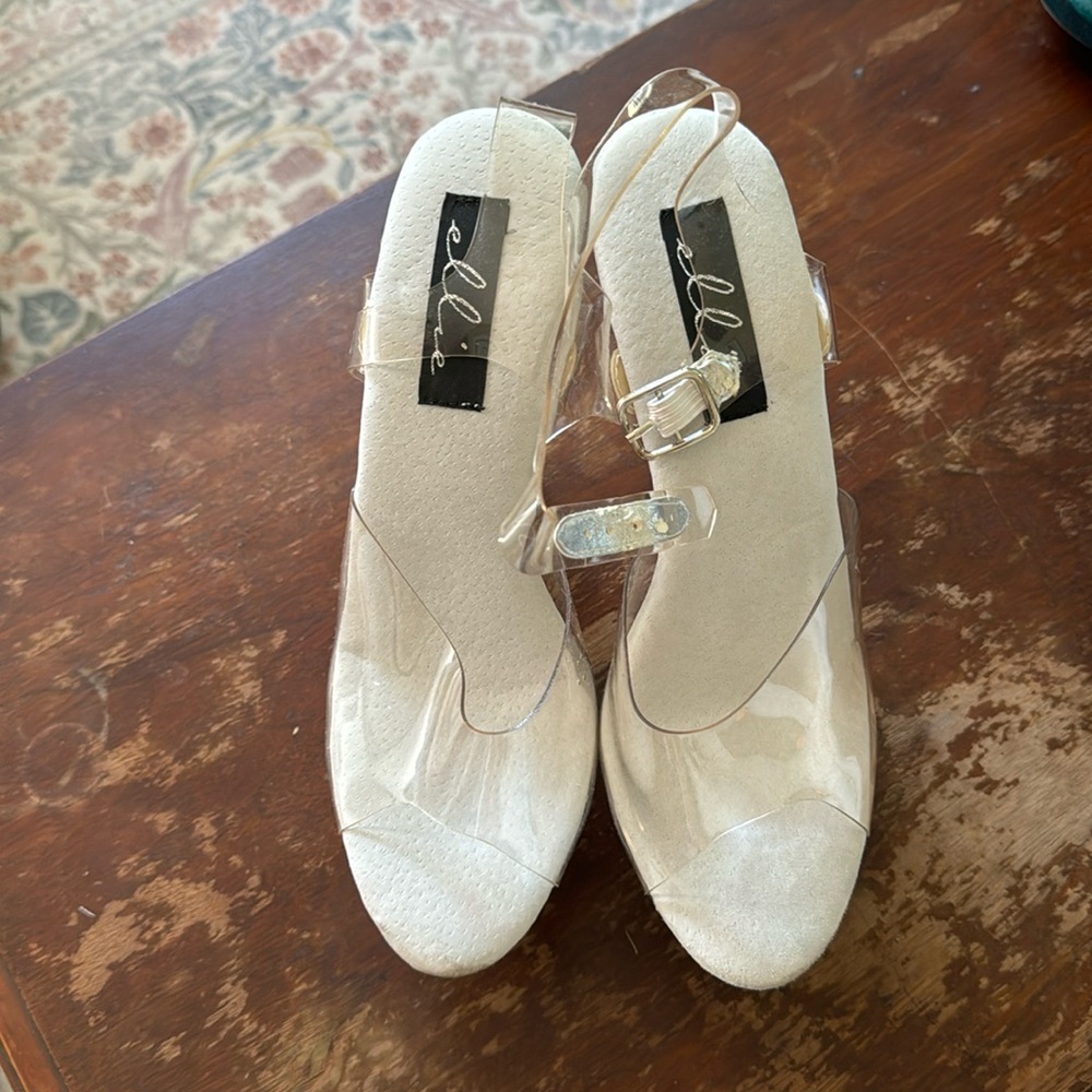 Ellie Lucite platform sandals. 5.5” heels. 2” platform. Ironic or sexy.